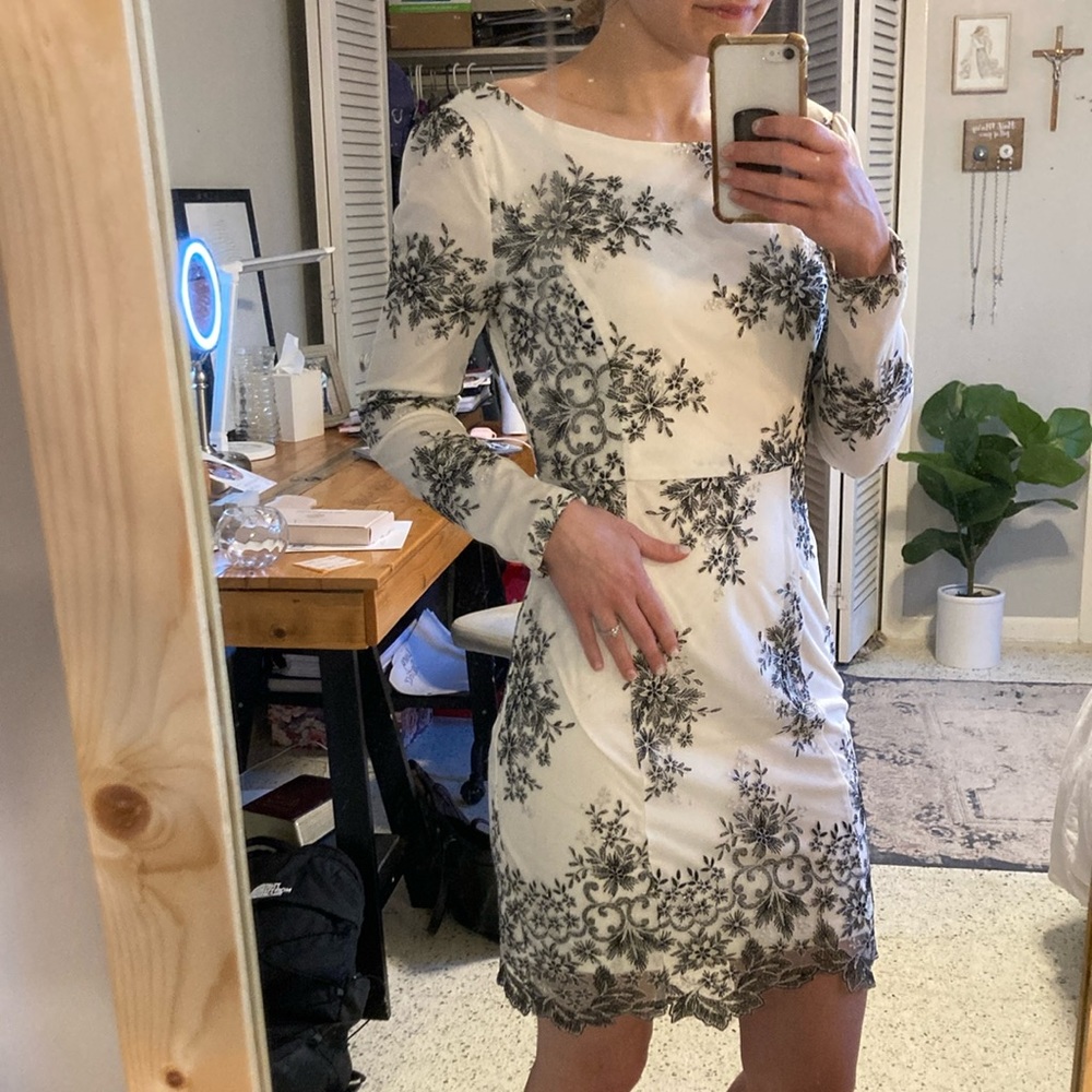 Black and White Floral Embroidered Homecoming Long Sleeve Mini Dress